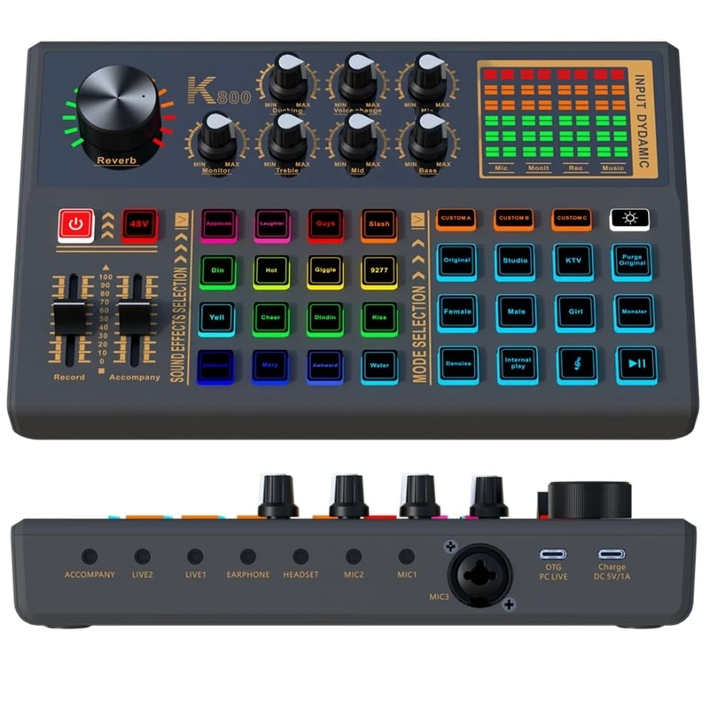 Pro Audio Mixer, K800 Live Sound Card and Audio Interface Sound Board with 3 Custom Sound Effects, DJ Mixer Effects,Voice Changer and LED Light, Prefect for Streaming/Podcasting/Recording/YouTube/PC