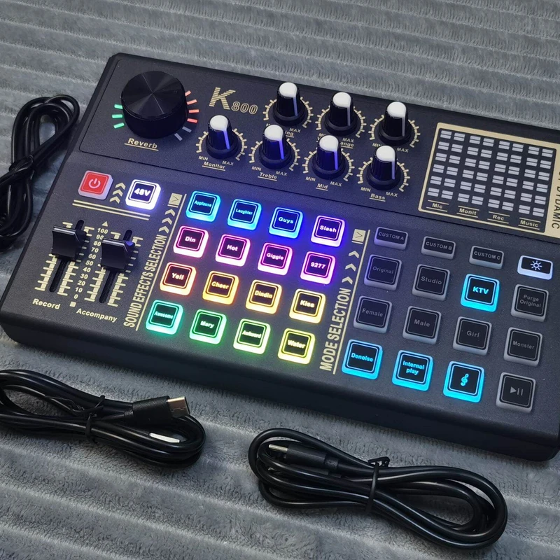 Pro Audio Mixer, K800 Live Sound Card and Audio Interface Sound Board with 3 Custom Sound Effects, DJ Mixer Effects,Voice Changer and LED Light, Prefect for Streaming/Podcasting/Recording/YouTube/PC
