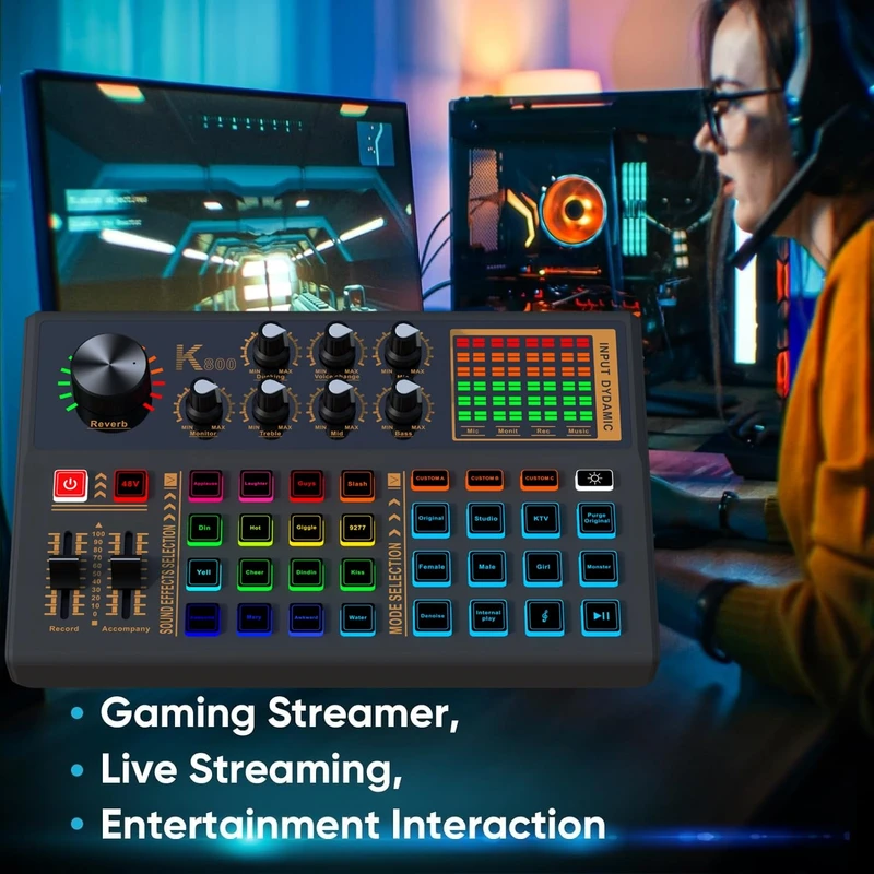 Pro Audio Mixer, K800 Live Sound Card and Audio Interface Sound Board with 3 Custom Sound Effects, DJ Mixer Effects,Voice Changer and LED Light, Prefect for Streaming/Podcasting/Recording/YouTube/PC - Image 5
