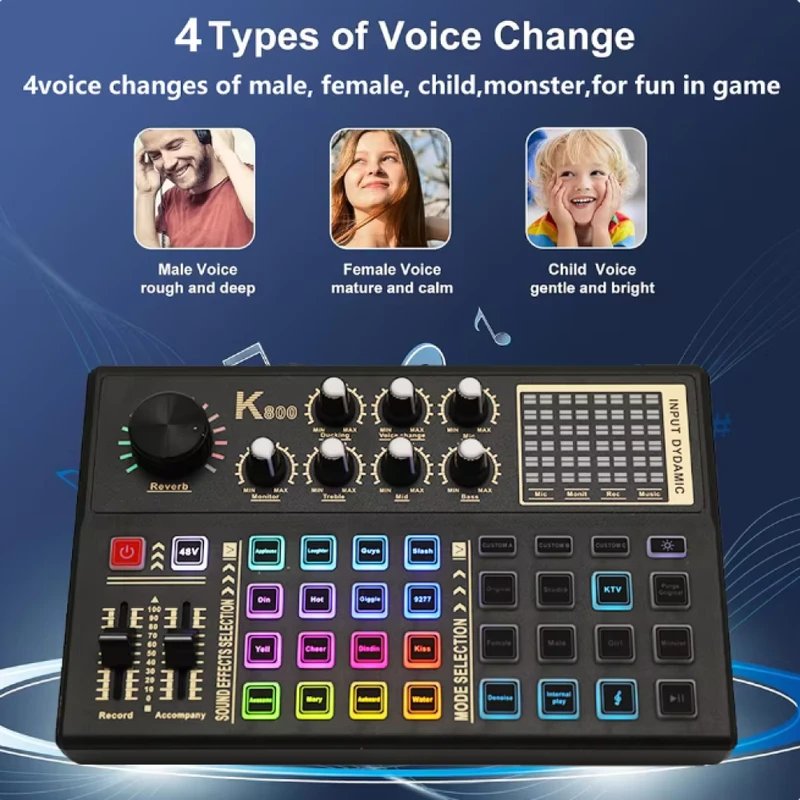 Pro Audio Mixer, K800 Live Sound Card and Audio Interface Sound Board with 3 Custom Sound Effects, DJ Mixer Effects,Voice Changer and LED Light, Prefect for Streaming/Podcasting/Recording/YouTube/PC - Image 6