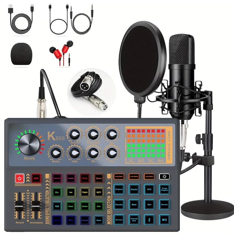Pro Audio Mixer, K800 Live Sound Card and Audio Interface Sound Board with 3 Custom Sound Effects, DJ Mixer Effects,Voice Changer and LED Light, Prefect for Streaming/Podcasting/Recording/YouTube/PC - Image 7