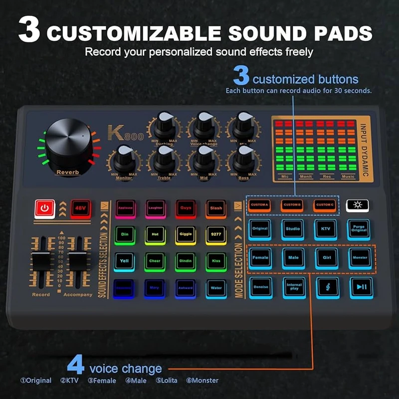 Pro Audio Mixer, K800 Live Sound Card and Audio Interface Sound Board with 3 Custom Sound Effects, DJ Mixer Effects,Voice Changer and LED Light, Prefect for Streaming/Podcasting/Recording/YouTube/PC - Image 8