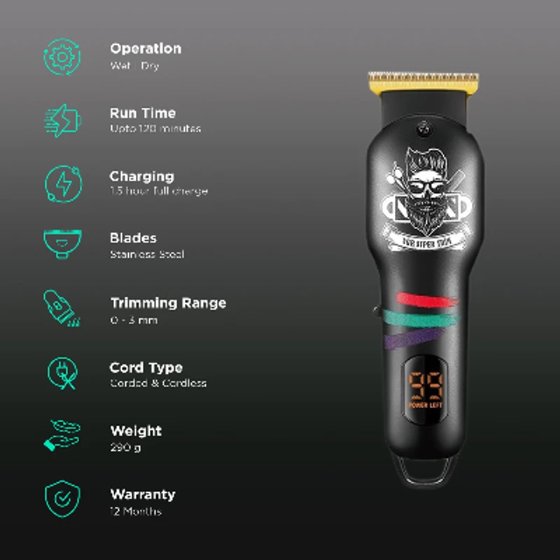 VGR V-971 Professional Corded and Cordless Rechargeable Hair Trimmer with digital display