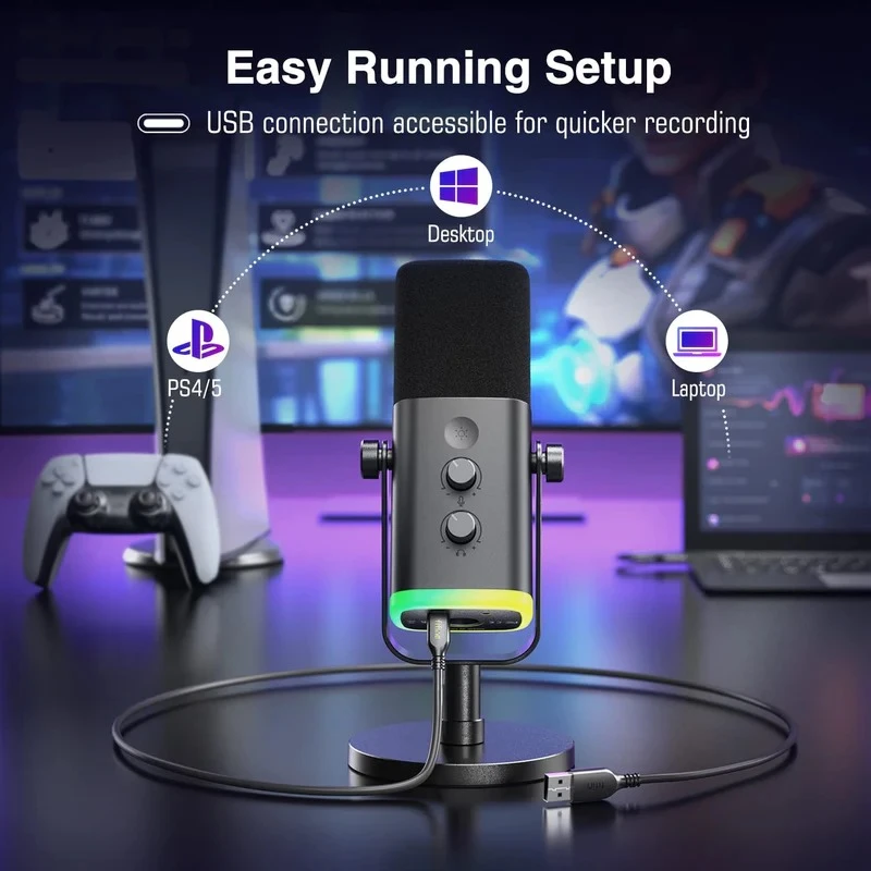 FIFINE AmpliGame AM8 USB/XLR Dynamic Microphone with RGB, Touch-mute, I/O Controls, Live Monitoring for Streaming - Image 4