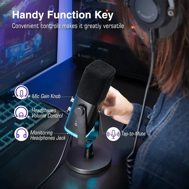 FIFINE AmpliGame AM8 USB/XLR Dynamic Microphone with RGB, Touch-mute, I/O Controls, Live Monitoring for Streaming - Image 6
