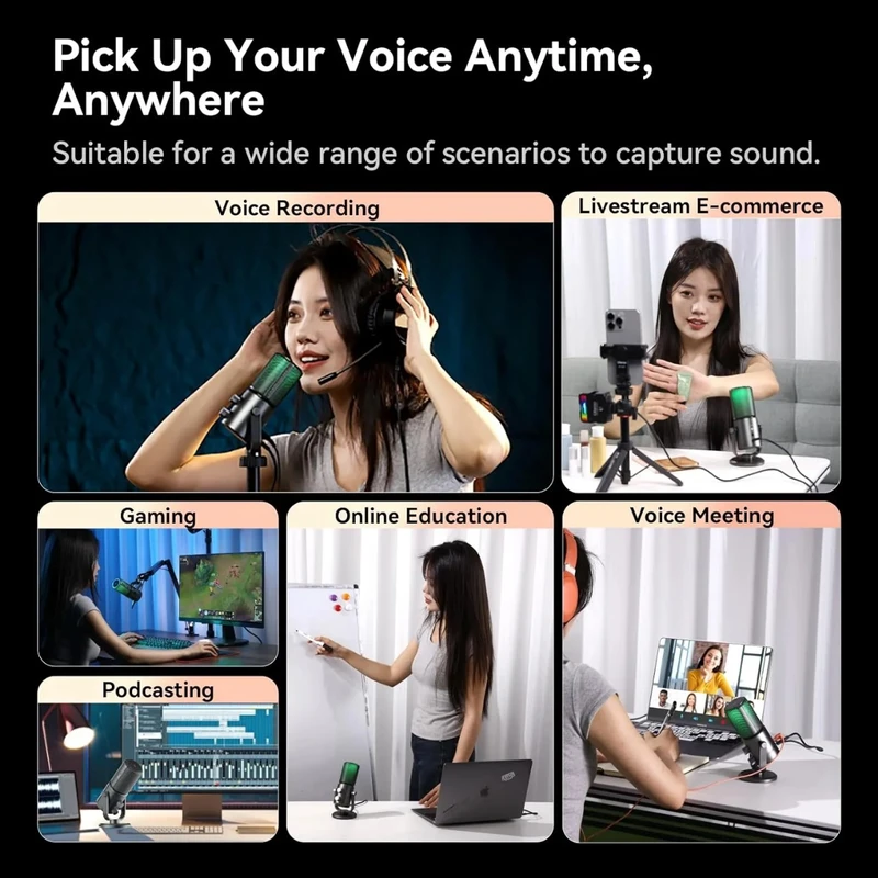 ULANZI DCM-05 Gaming PC Microphone USB Desktop Condenser Microphone with RGB Light, Mute Button, Headphones Jack, Desktop Stand, Plug & Play - Image 7