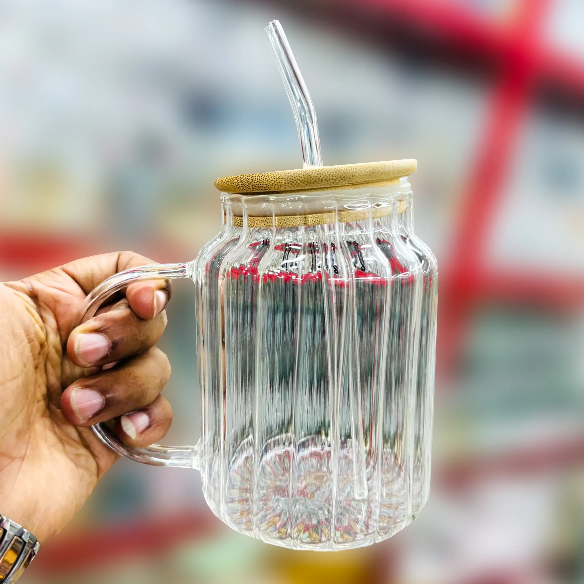 5 Inch Glass Juice Sipper Mug with Straw