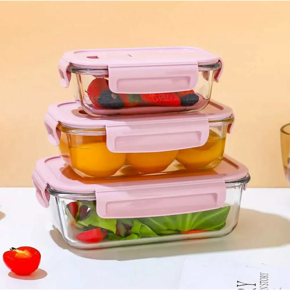 3pc Airtight Glass  Food Container set with Pink Color Lid