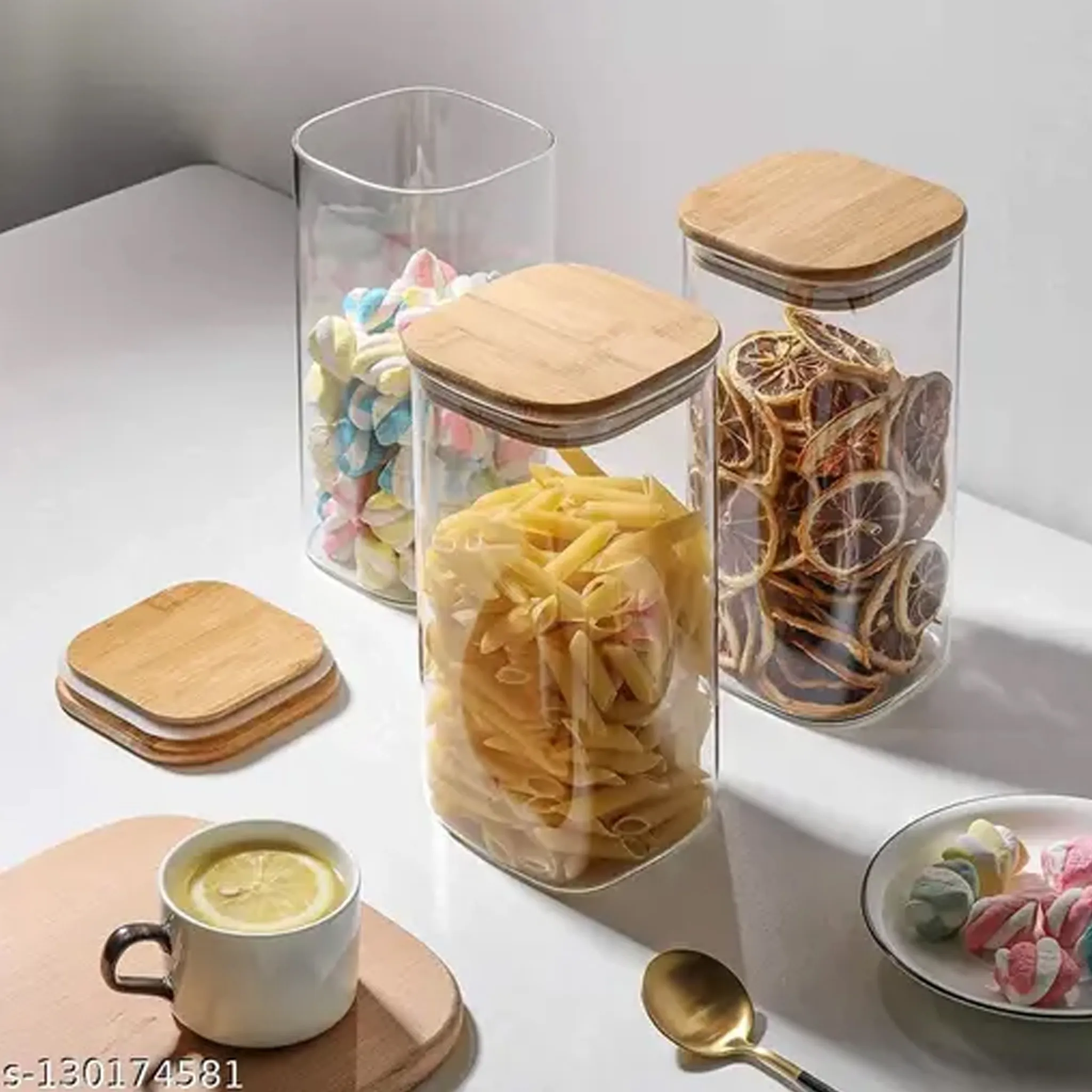 Square Shape Single  Glass Jar Wooden Lid