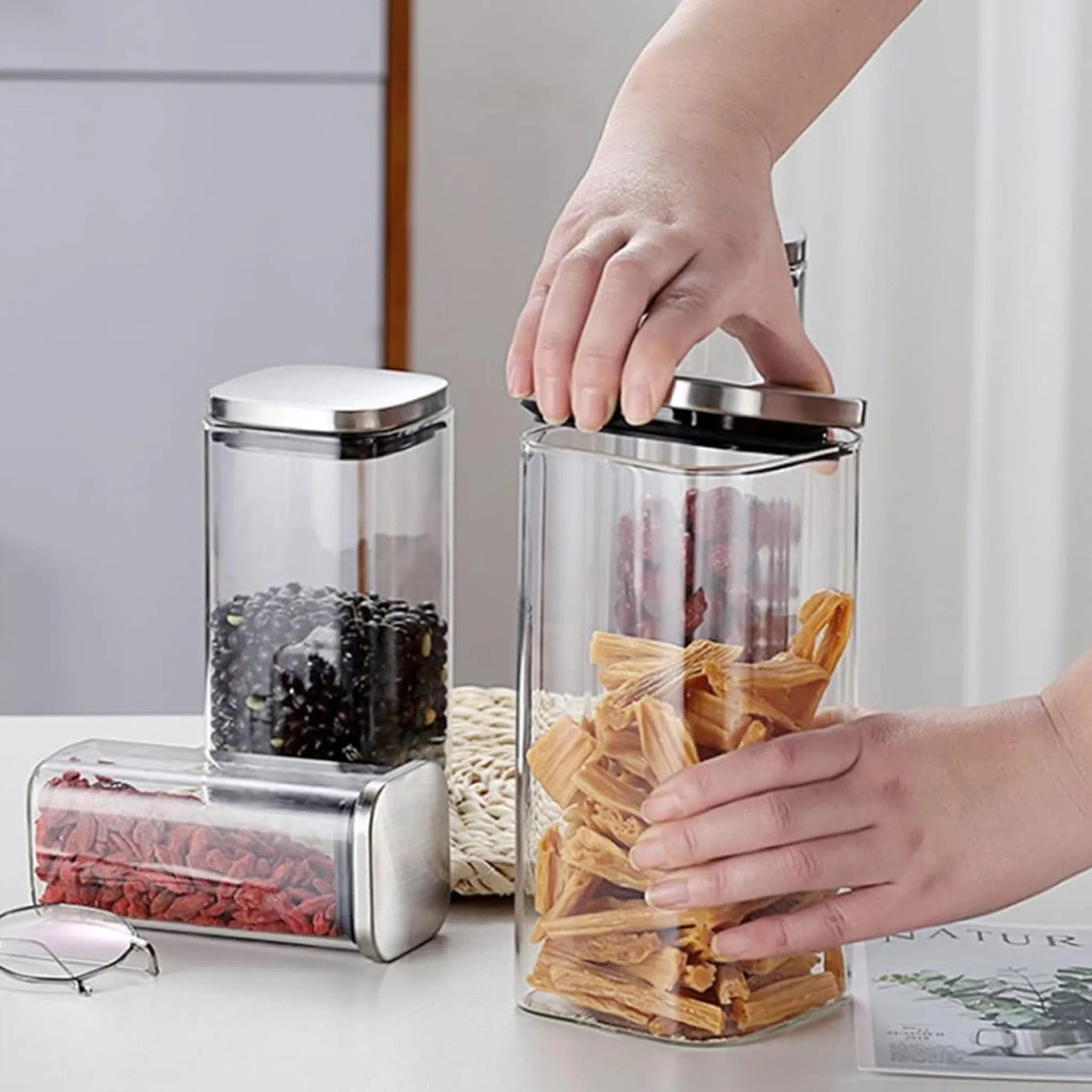 Borosilicate Classic Square Glass Jar Stainless Steel Lid