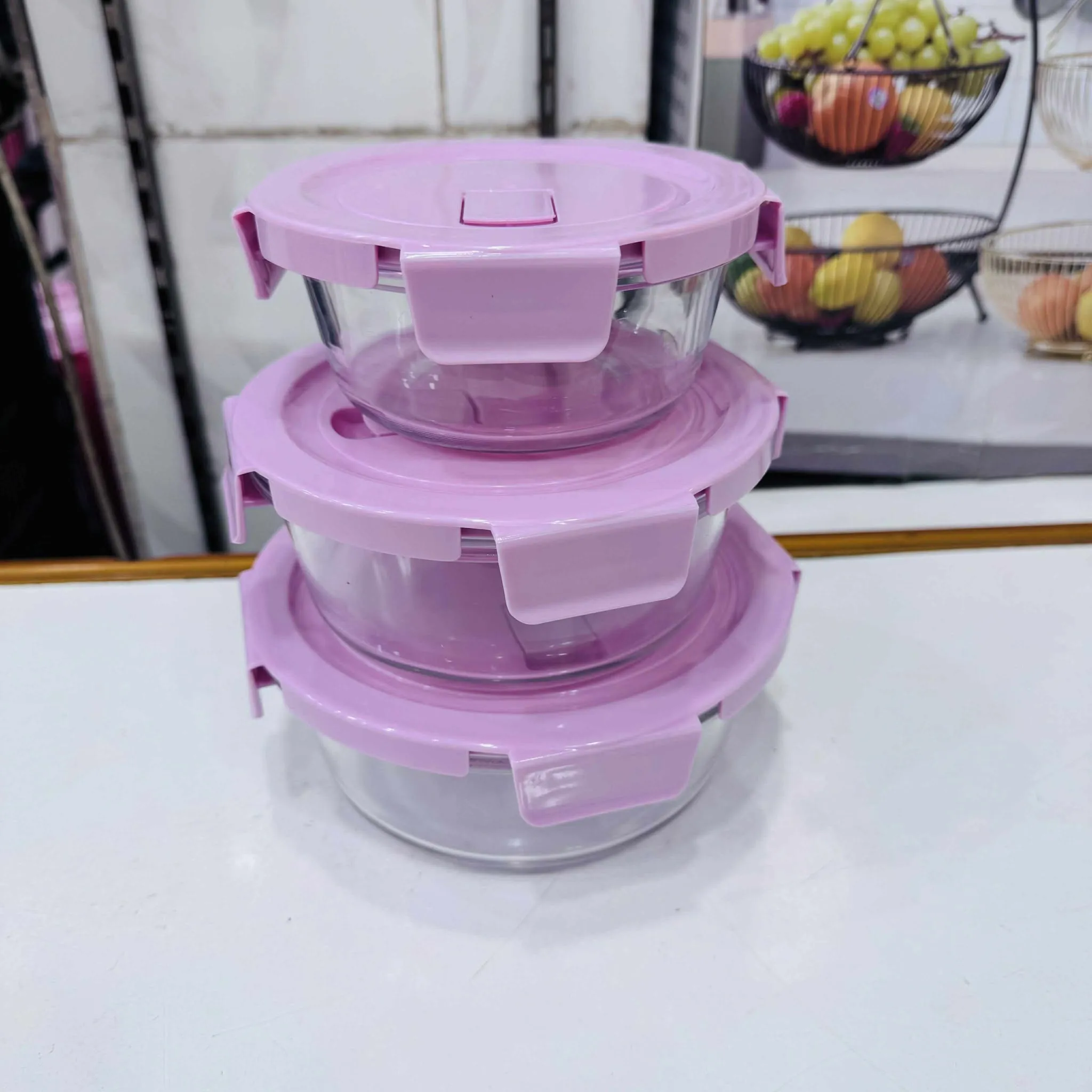 3pc Pink colour  Transparent Round Design Glass Container - Image 5