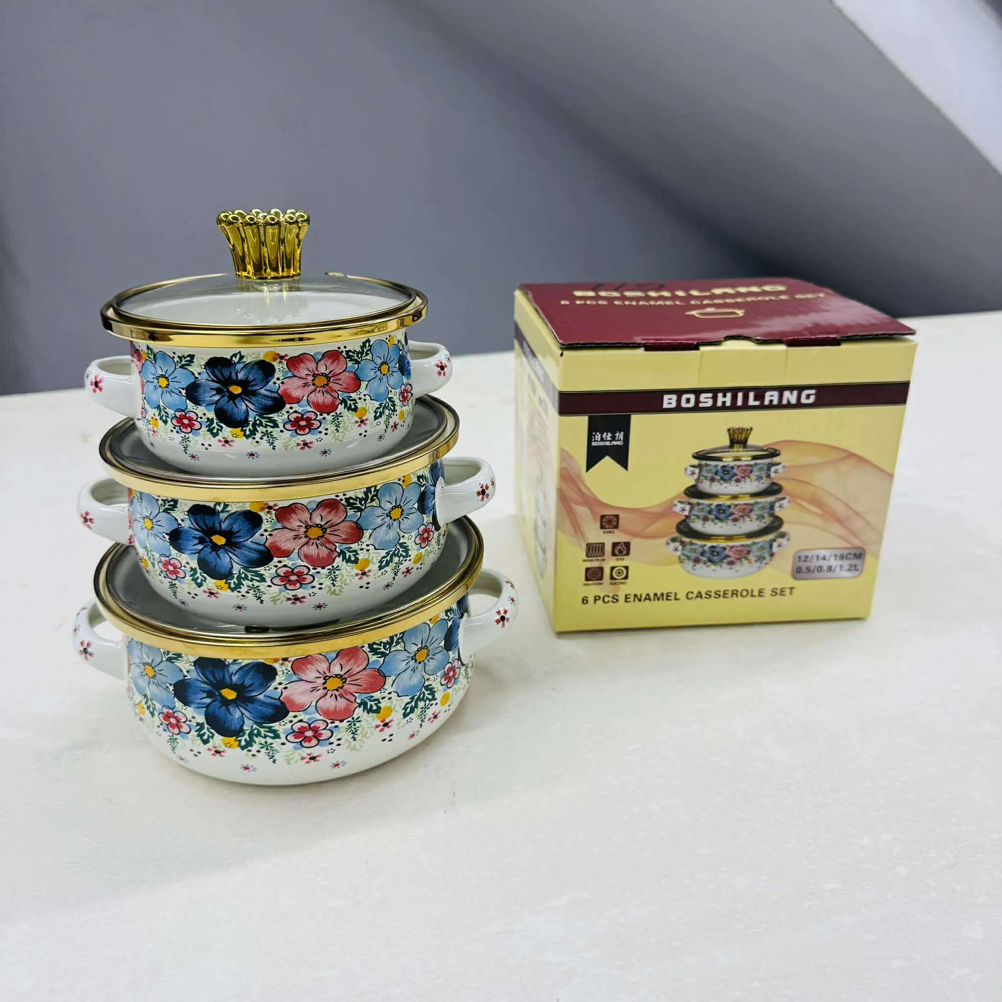 3pc Enamel Casseroles set with Glass Lid 12/14/16cm