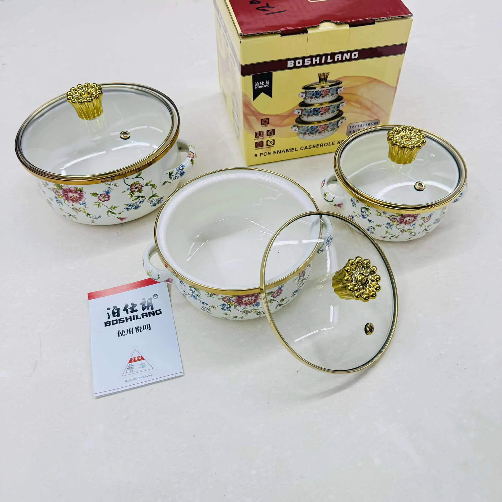 3pc Enamel Casseroles set with Glass Lid 12/14/16cm