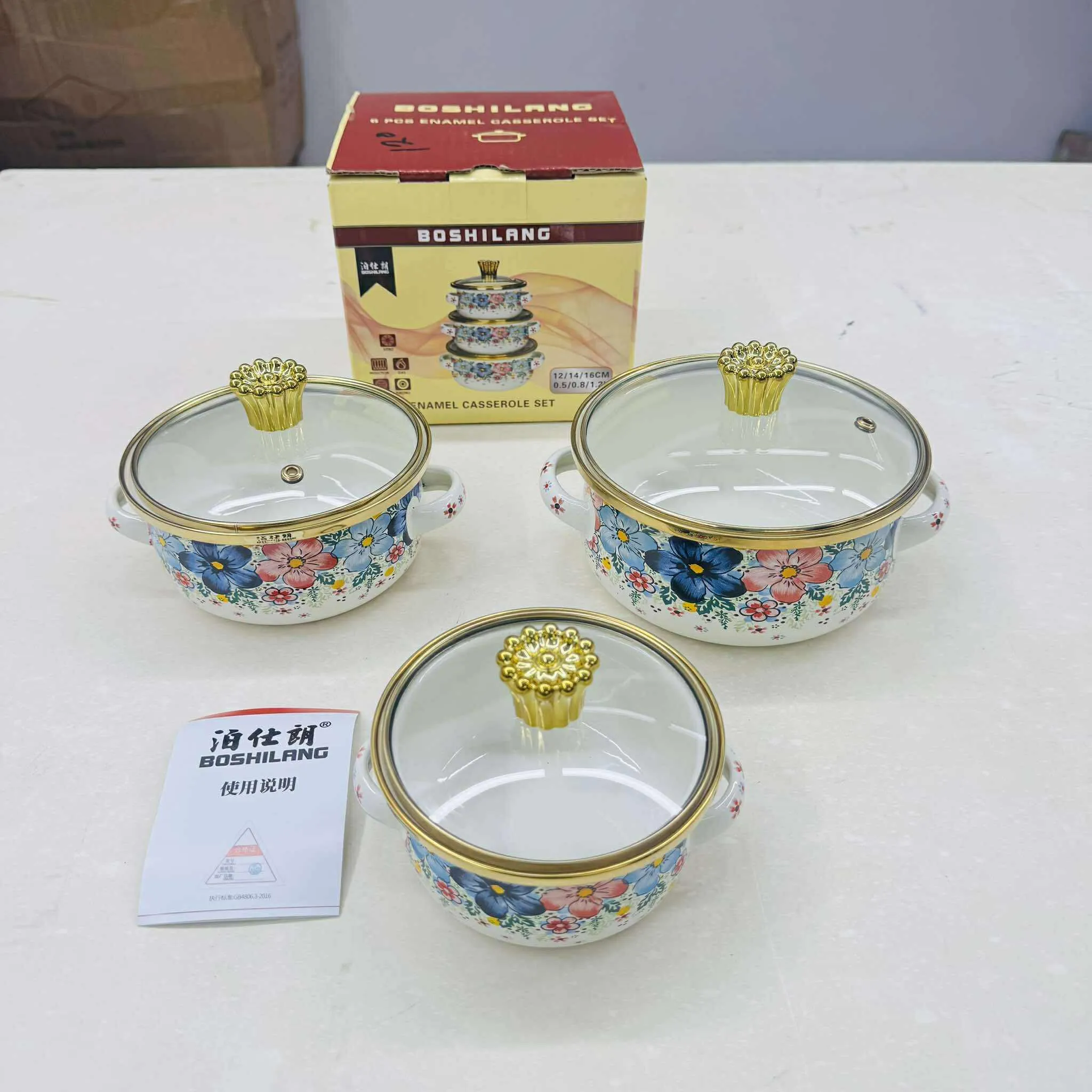 3pc Enamel Casseroles set with Glass Lid 12/14/16cm - Image 4