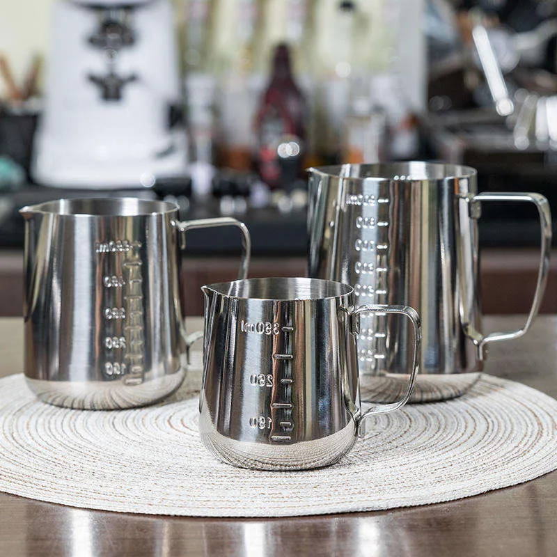 Stainless Steel Coffee Milk Frothing Pitcher – Measuring Cup Compatible with Handheld Milk Foam Machines (350ml / 600ml / 1000ml)