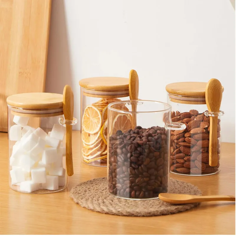 Round Desing Tempered Borosilicate Glass Food Spice Jar with Spoon