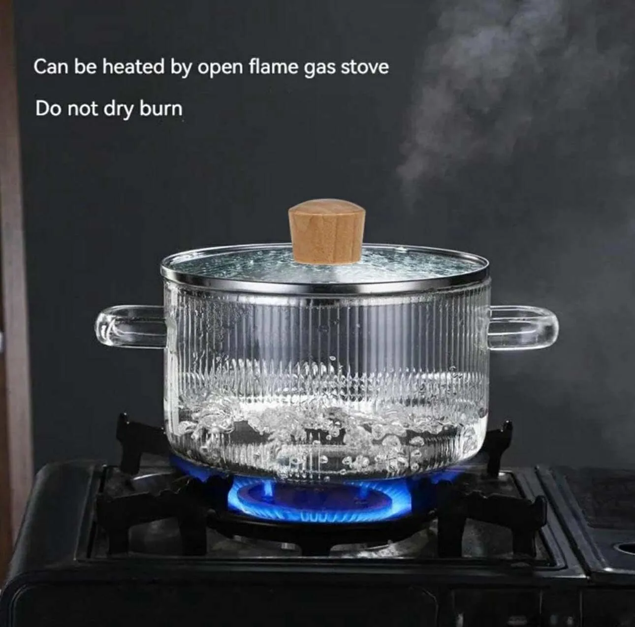 Borosillicate Heat & Fire Proof Glass Casserole Pot  Stripped Design