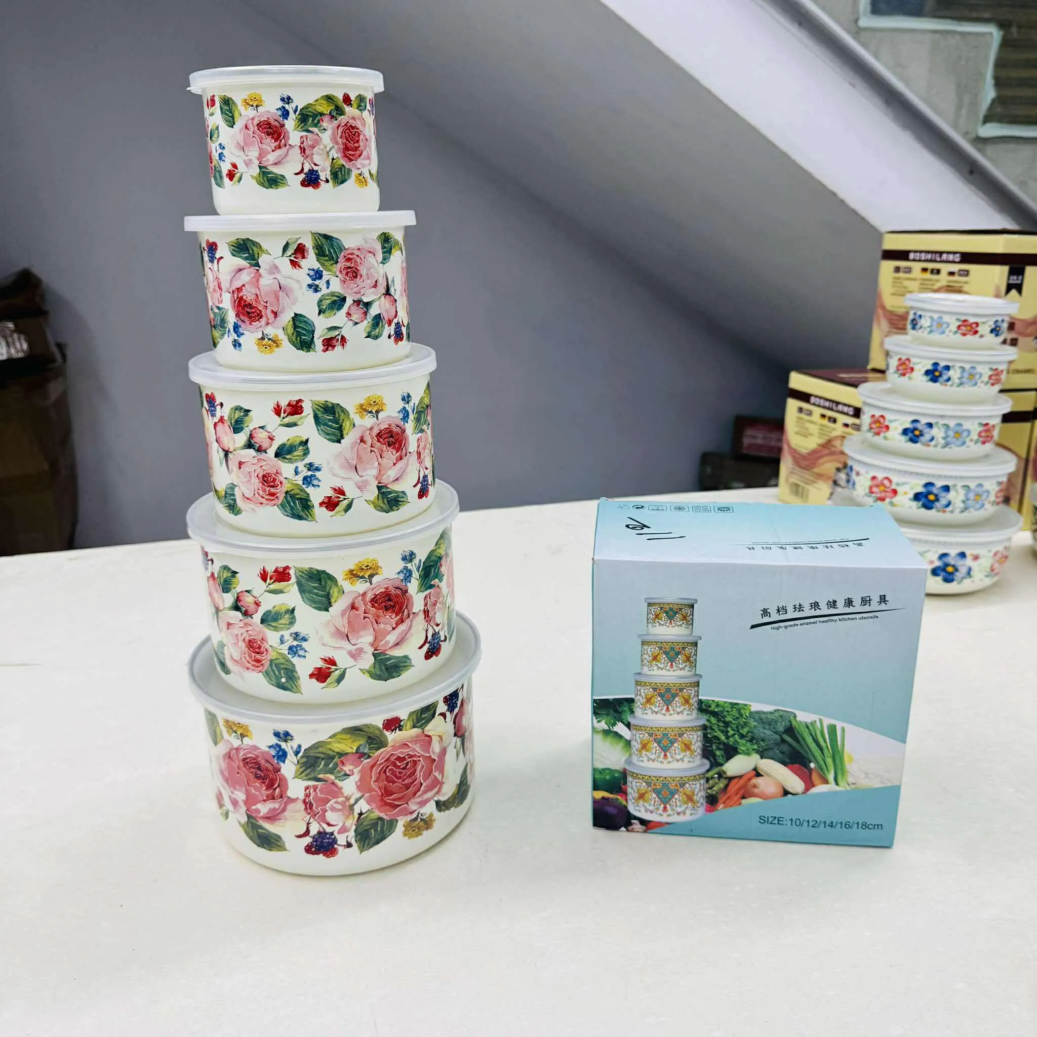 5pc Rose Print Enamel Steel Bati set