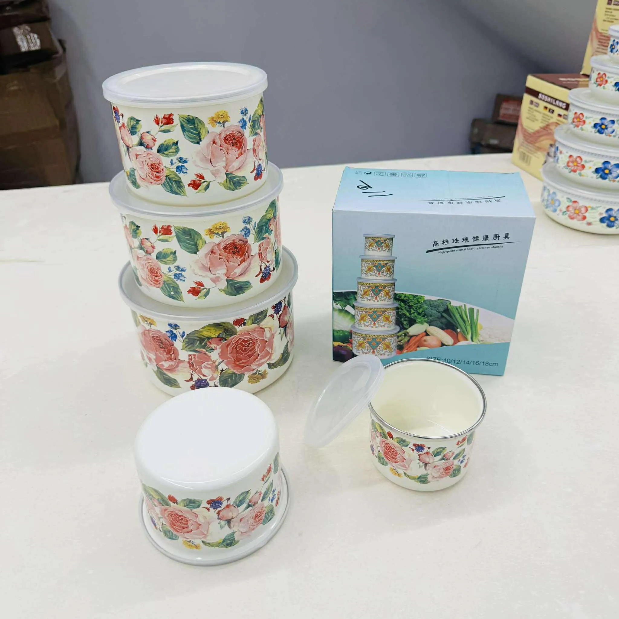 5pc Rose Print Enamel Steel Bati set