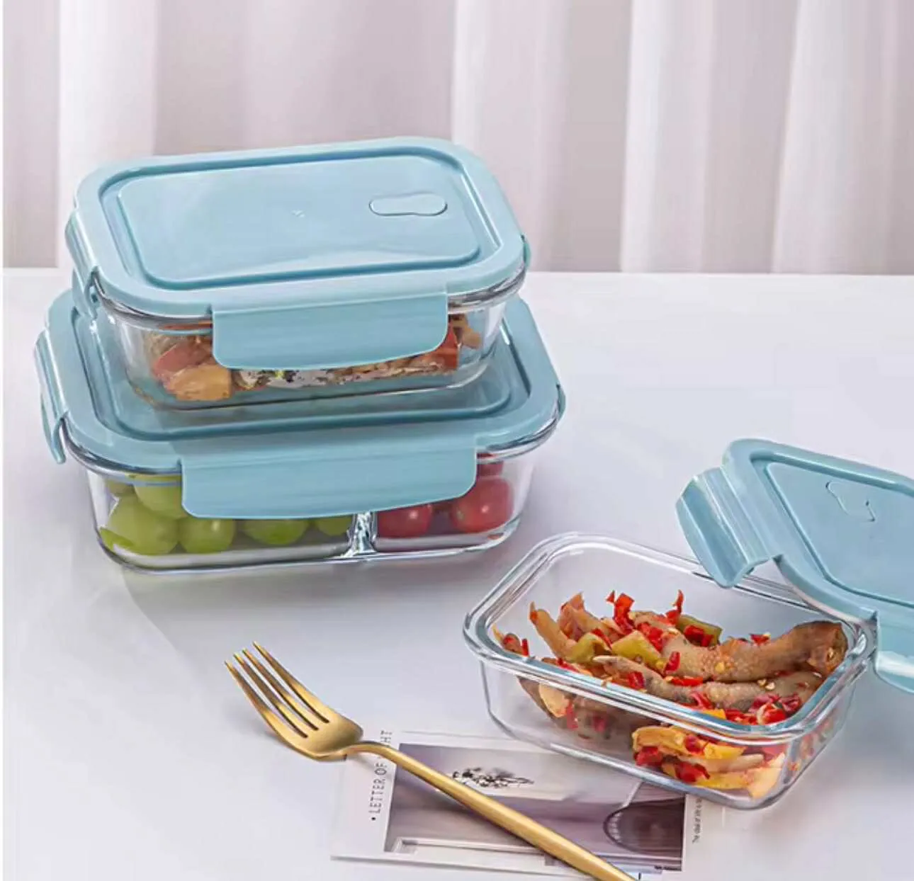 3pc Airtight Glass Food Container set with Pink Color Lid - Image 4