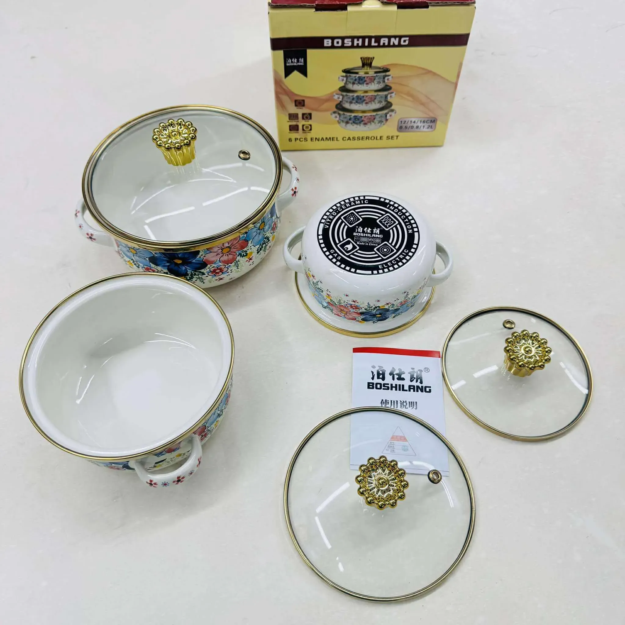 500ml 800ml 1200ml 3pc Enamel Casseroles set with Glass Lid12/14/16cm