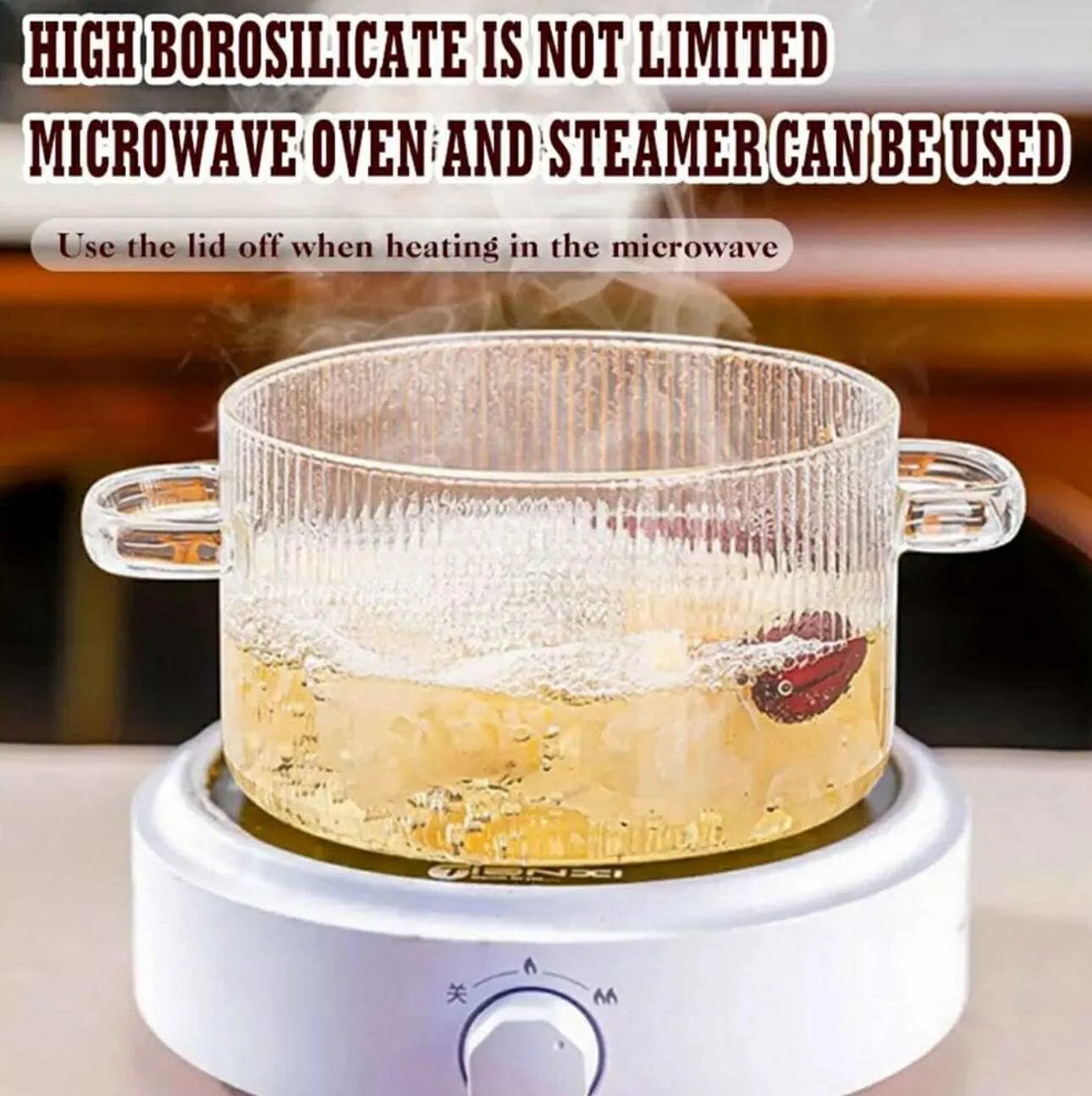1800ml Borosillicate Heat & Fire Proof Glass Cooking Pot Stripped Design