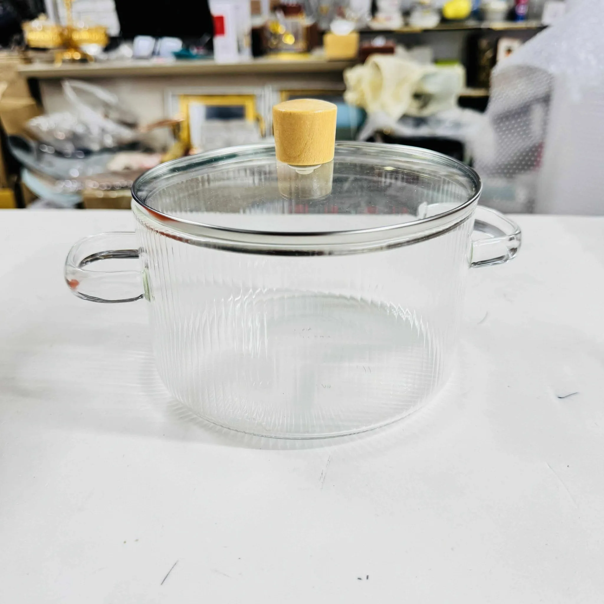 1800ml Borosillicate Heat & Fire Proof Glass Cooking Pot Stripped Design