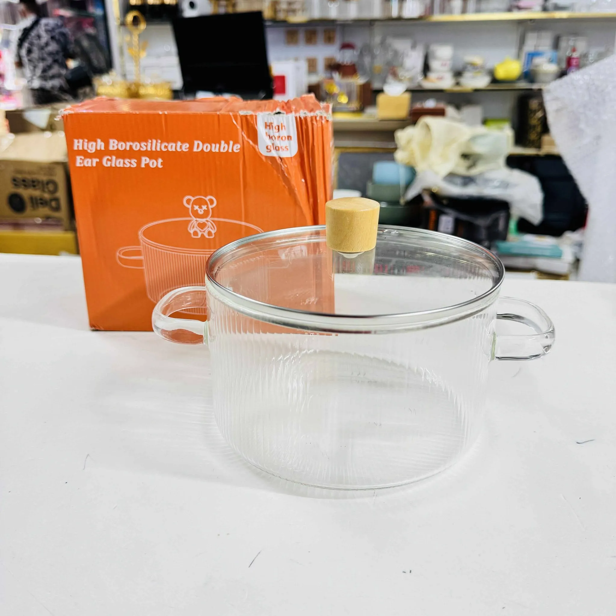 1800ml Borosillicate Heat & Fire Proof Glass Cooking Pot Stripped Design - Image 3
