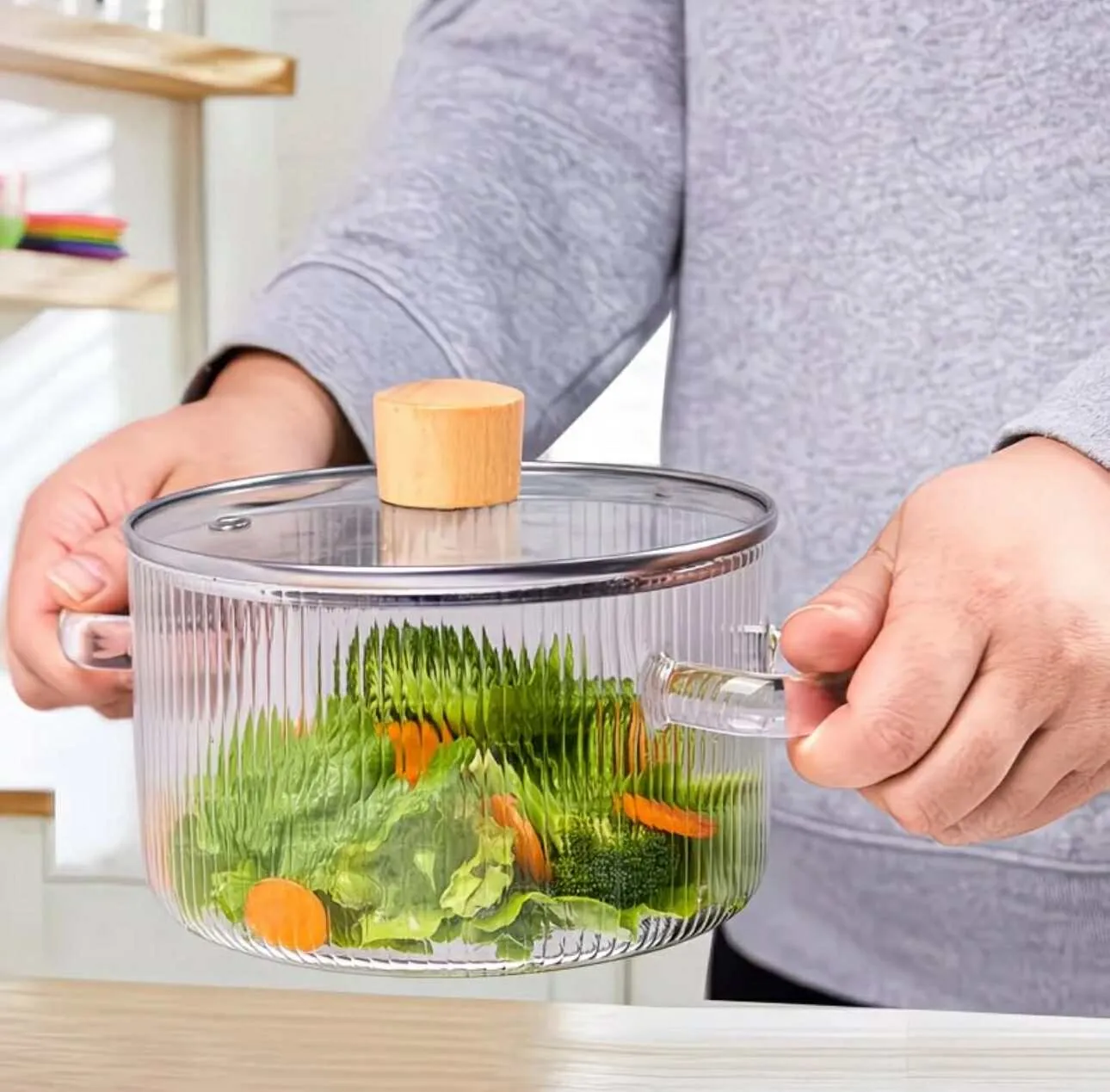 1800ml Borosillicate Heat & Fire Proof Glass Cooking Pot Stripped Design - Image 4