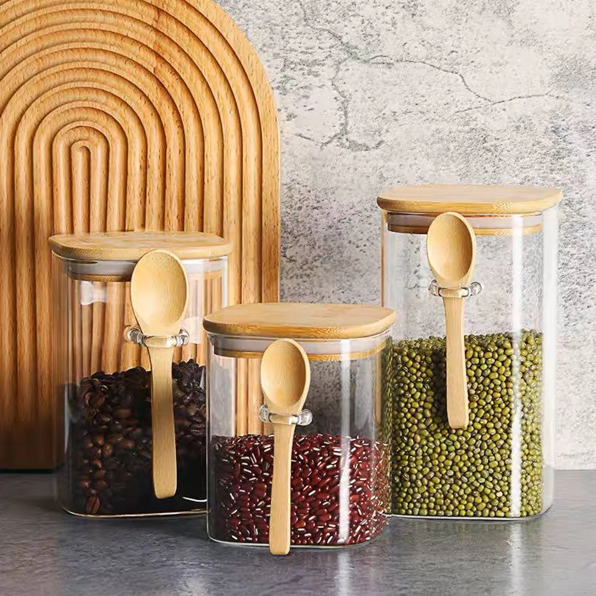 Square Single Glass jar set with wooden spoons