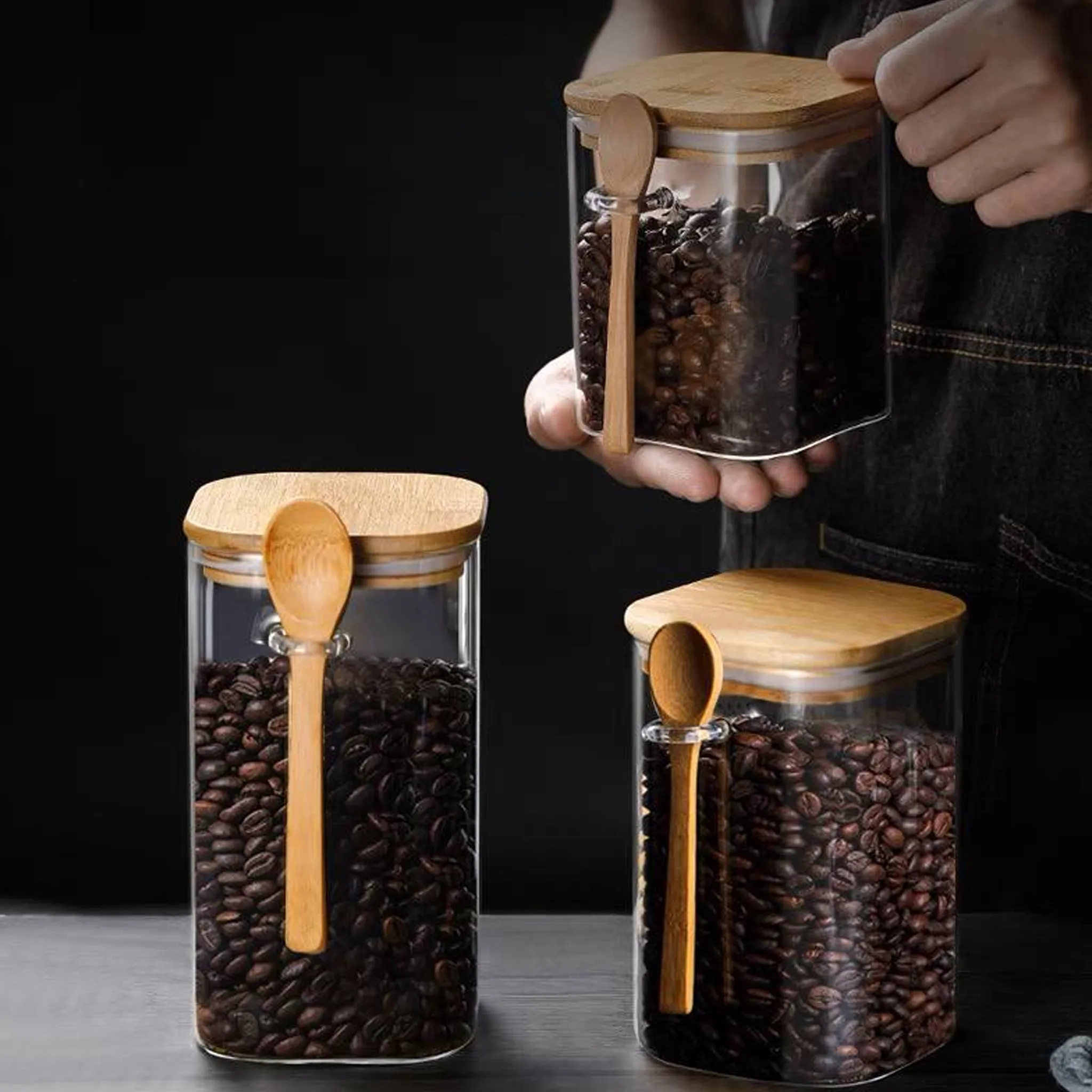 Square Single Glass jar set with wooden spoons