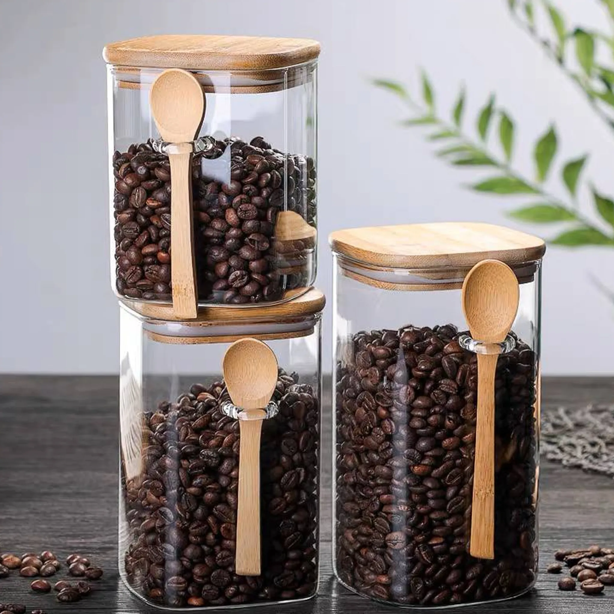 Square Single Glass jar set with wooden spoons - Image 3