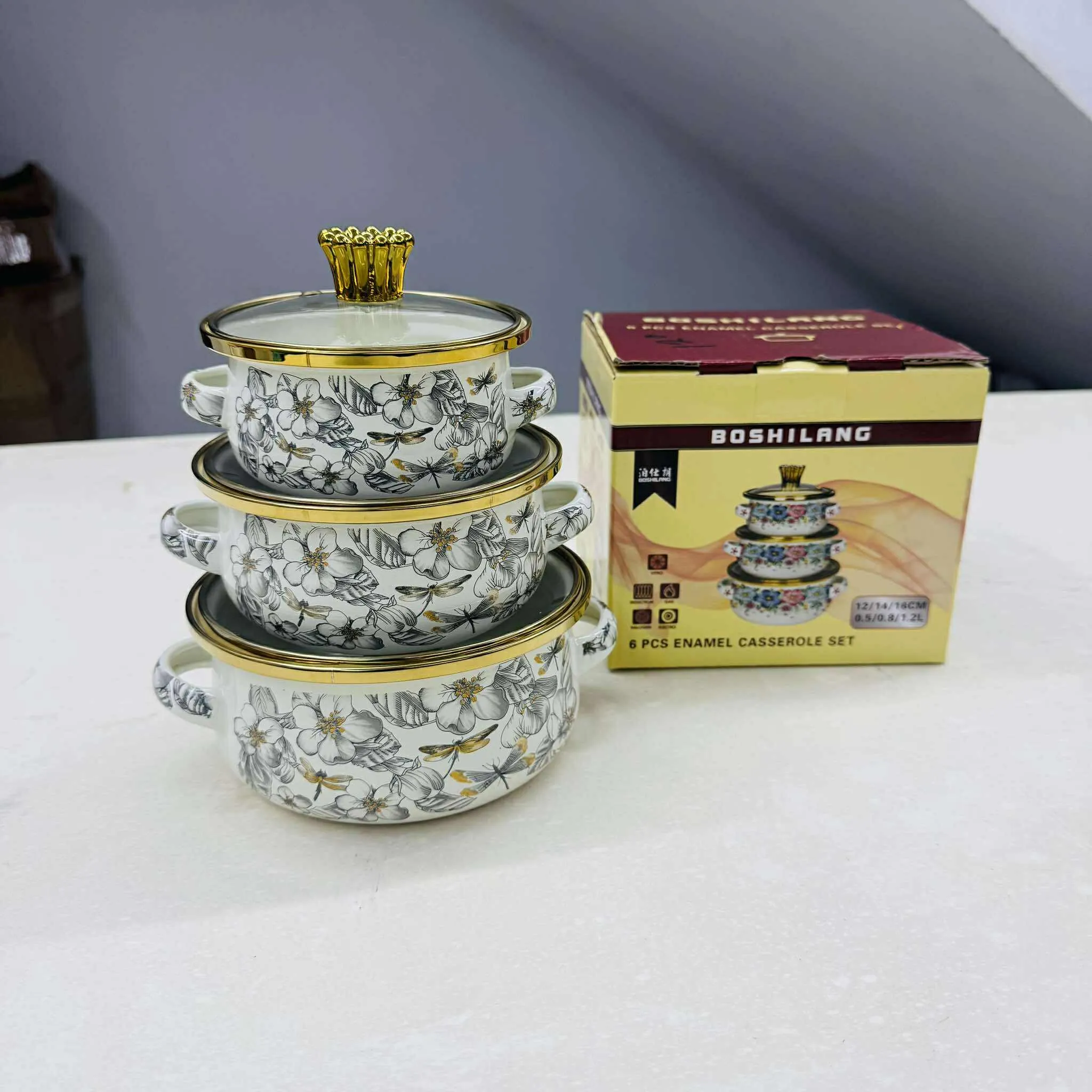 3pc Enamel Steel Casseroles set with Glass Lid 12/14/16cm