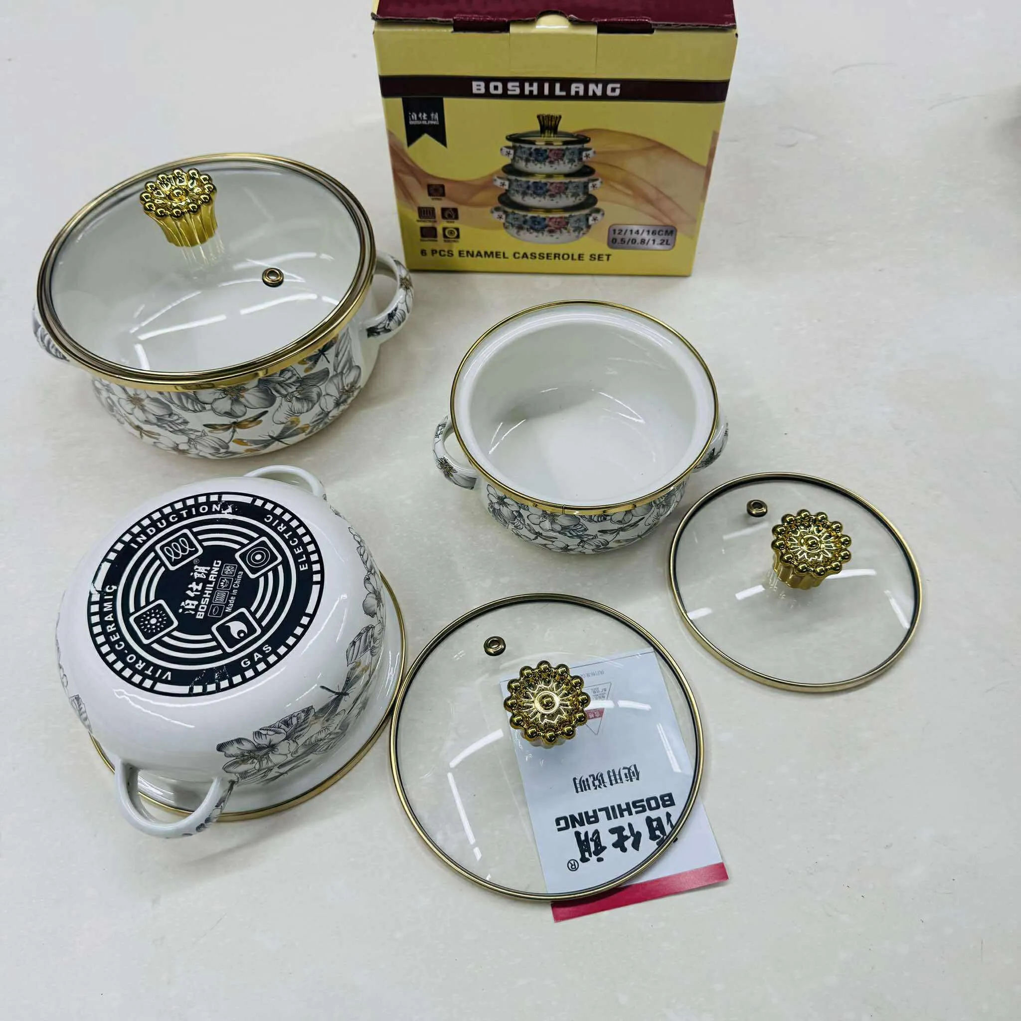 3pc Enamel Steel Casseroles set with Glass Lid 12/14/16cm