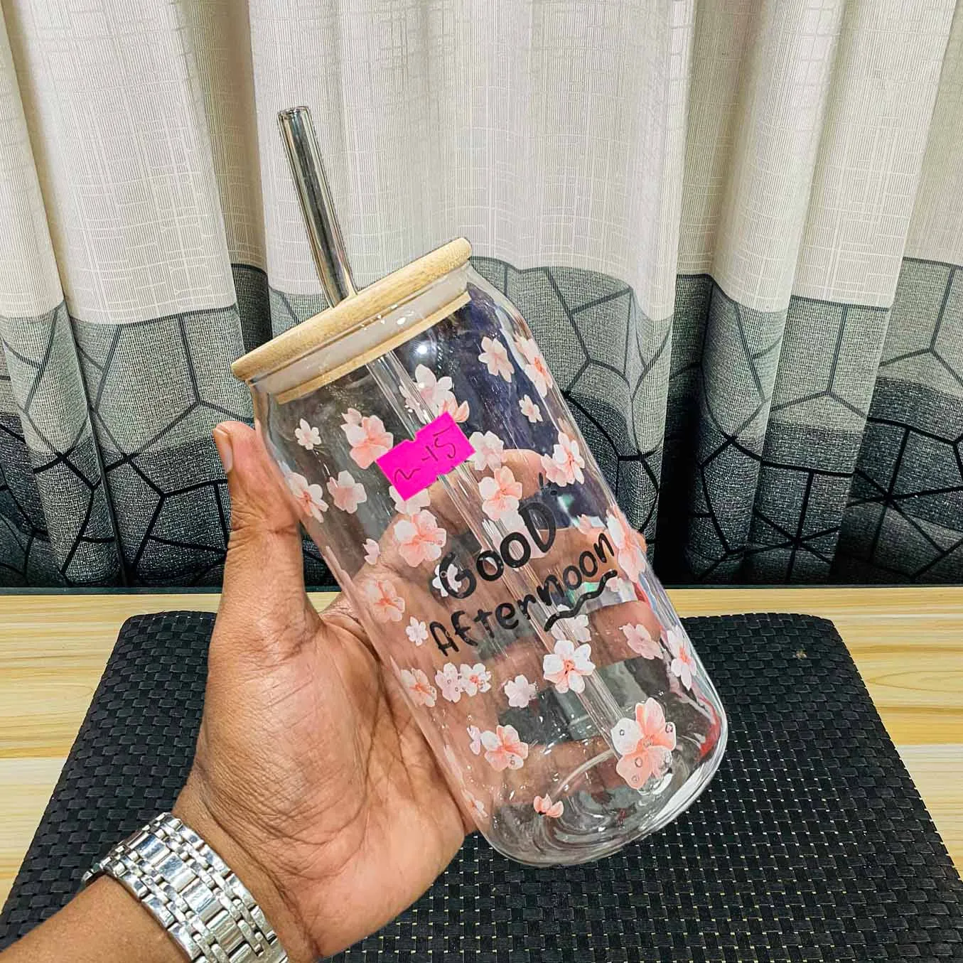 Can Shape Good Afternon Pink Flower Juice pot with Straw HDV 00914