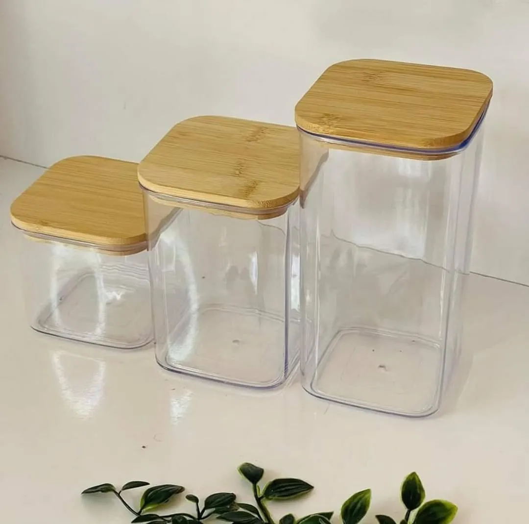 3pcs Wooden Lid Square Airtight Jar Set 01020