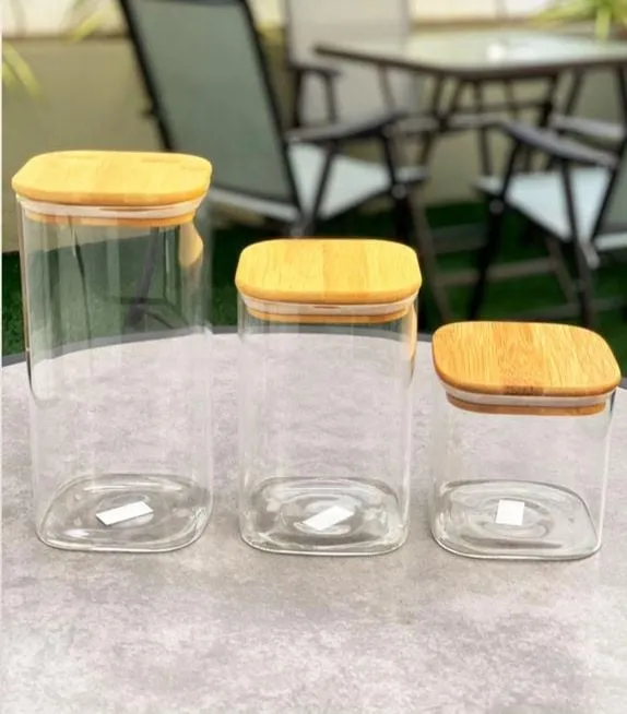 3pcs Wooden Lid Square Airtight Jar Set 01020 - Image 3