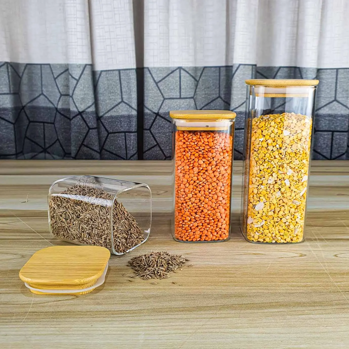 3pcs Wooden Lid Square Airtight Jar Set 01020
