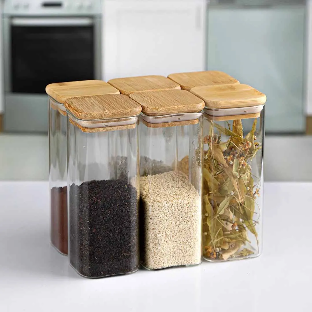 400ml 3pcs Square Glass Jar 46-46 With Wooden Lid 00824