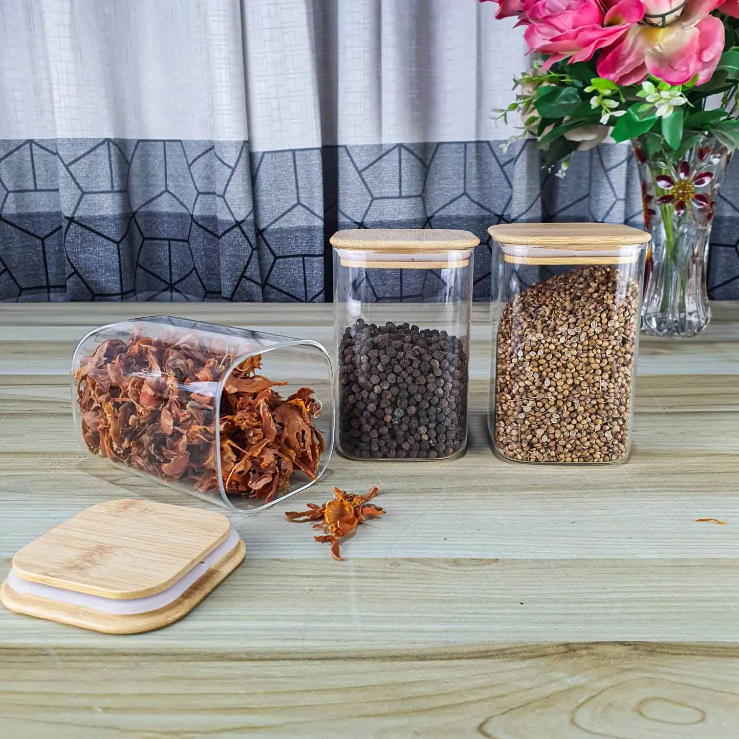 3pcs 600ml Square Wooden lid Jar FTK 01251