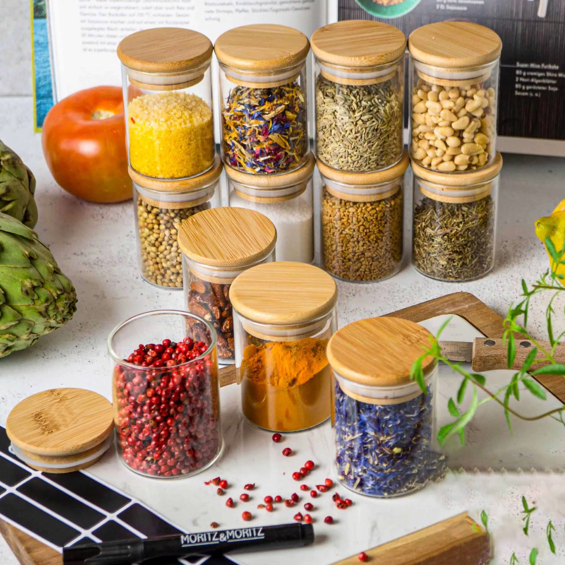 210ml Round Glass Jar Set Wooden Lid 01104