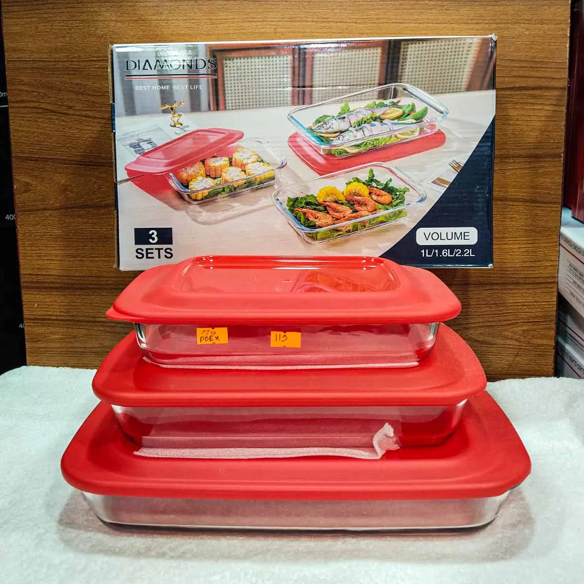 3pcs Rectangular Serving Dish Red Colour Lid 01046