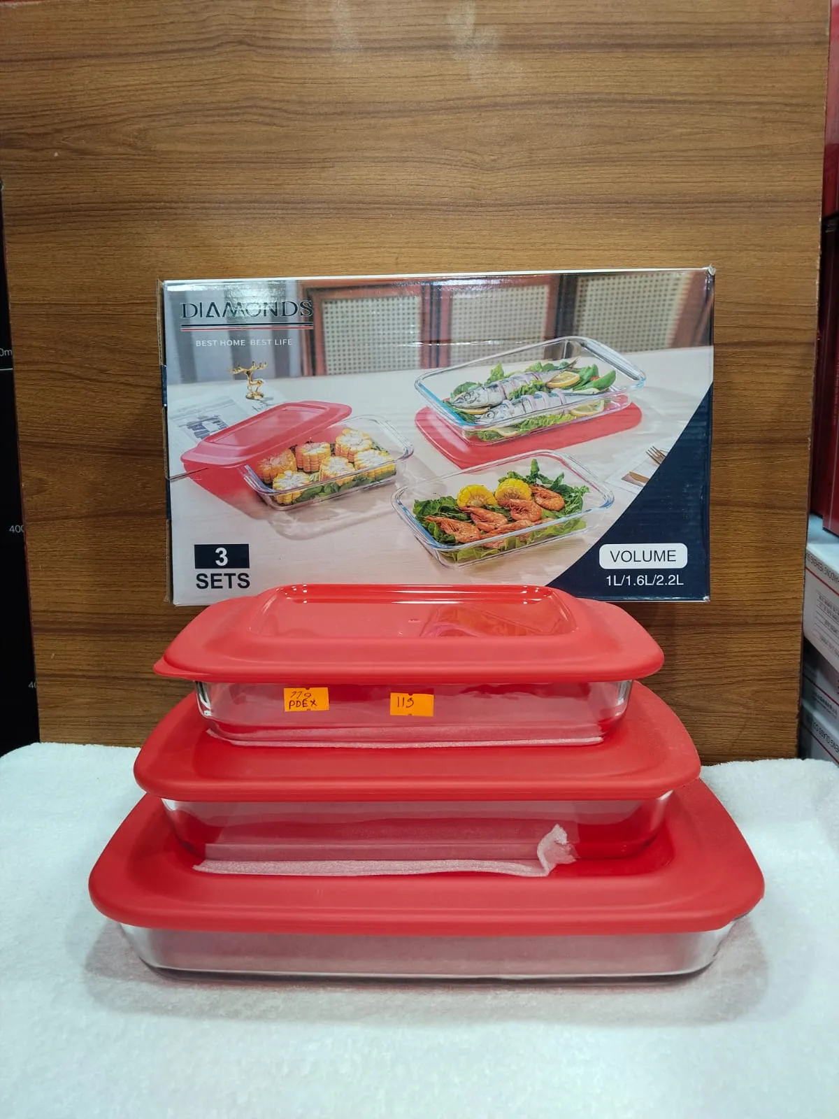 3pcs Rectangular Serving Dish Red Colour Lid 01046