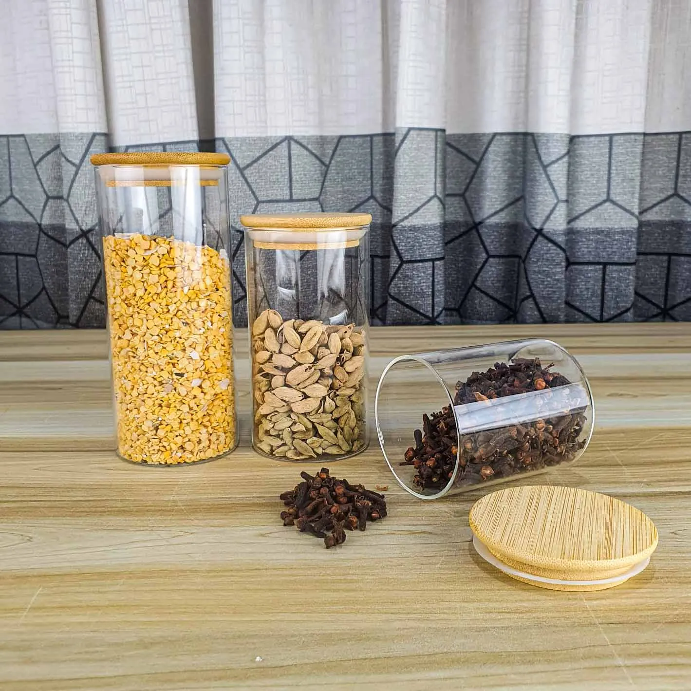 3pcs Wooden Lid Round Airtight Jar Set 01019