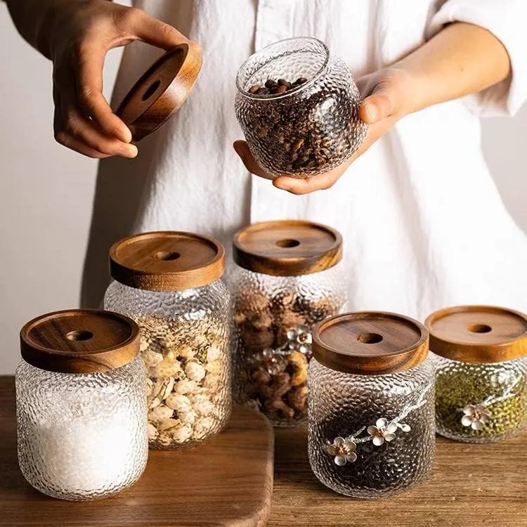 Ice Design Glass Jar 3pcs Set Wooden Lid 01180