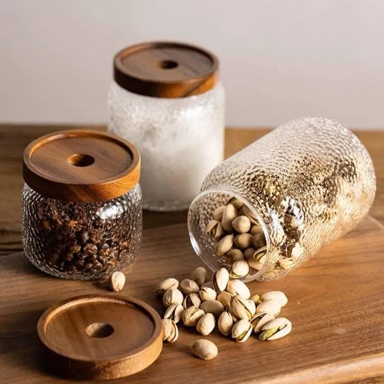 Ice Design Glass Jar 3pcs Set Wooden Lid 01180