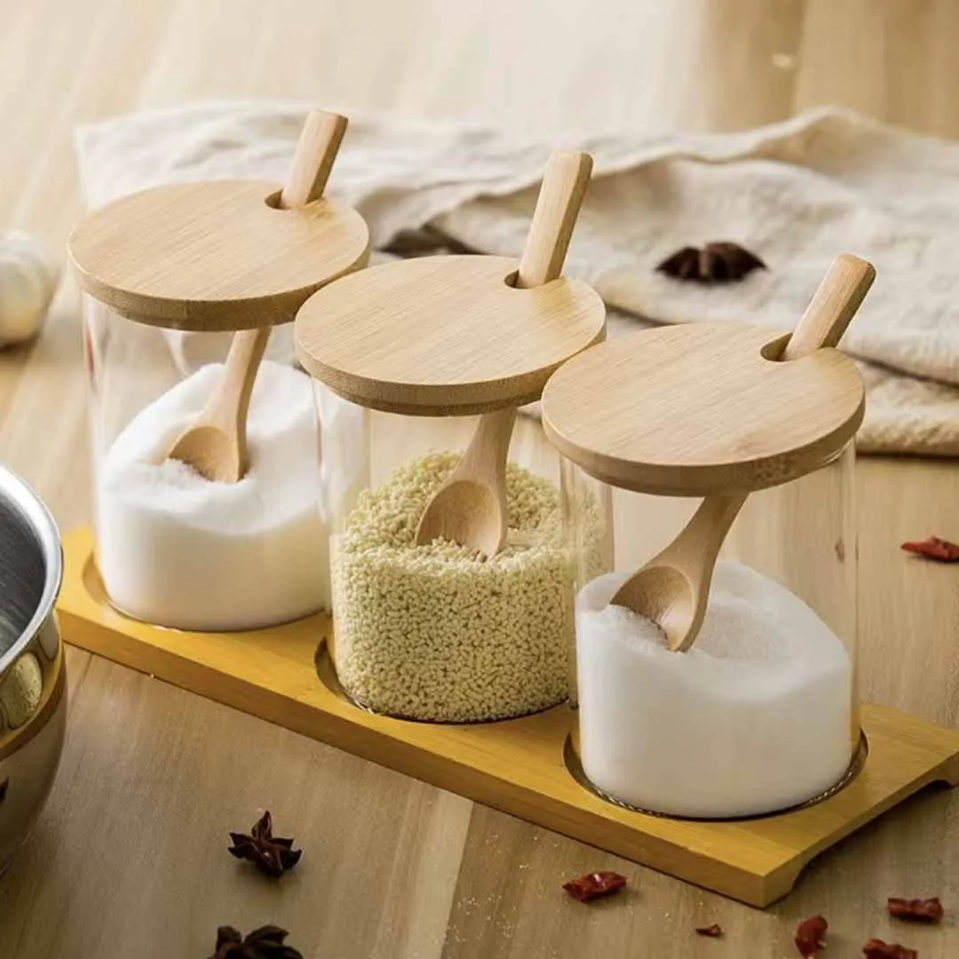 3pcs Step Spice Jar set with Wooden Lid & Tray 01409