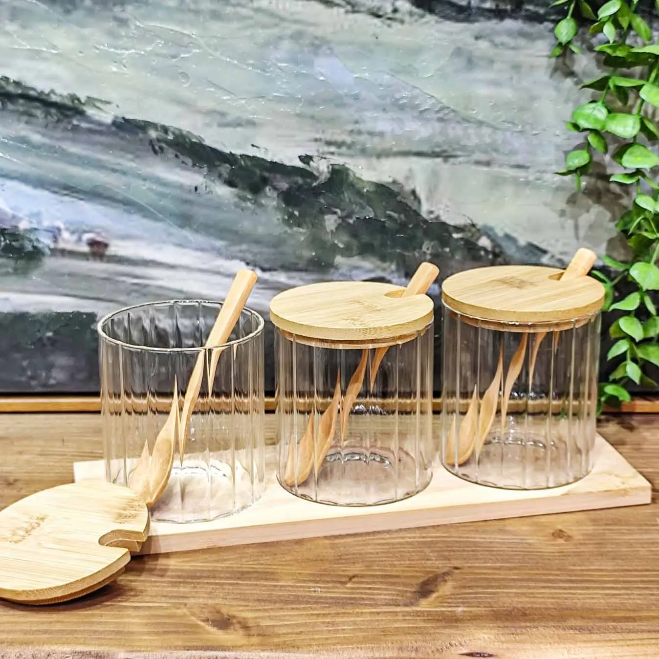 3pcs Step Spice Jar set with Wooden Lid & Tray 01409