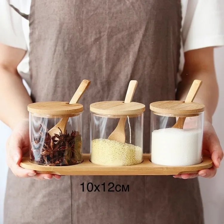 3pcs Step Spice Jar set with Wooden Lid & Tray 01409 - Image 3