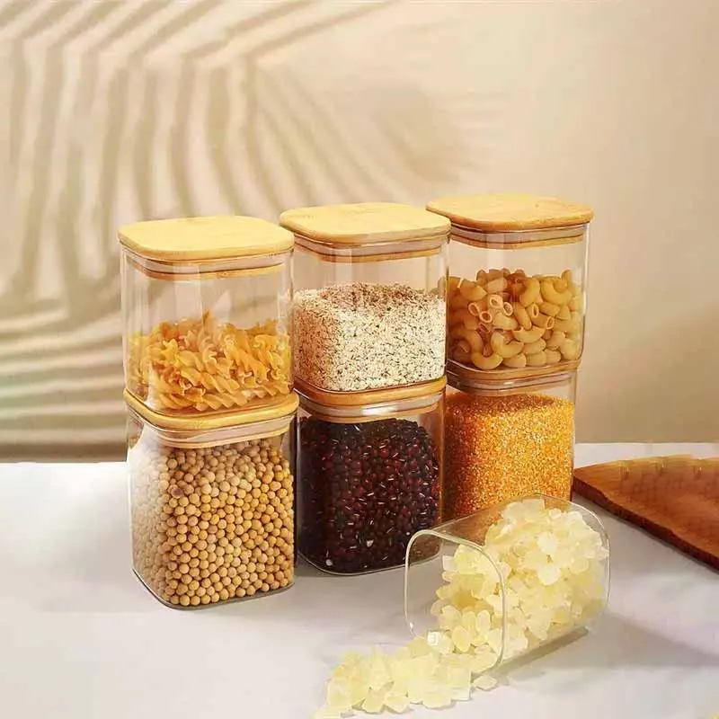 6pcs 600ml glass jar square wooden lid 00019